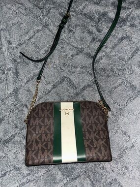 Michael Kors Brown Crossbody with Green and Cream Center Stripe